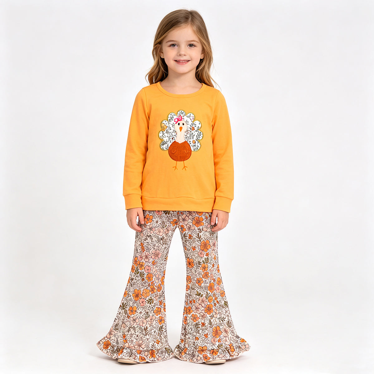 (Sample) No moq milk silk GLP3563 Embroidery Flowers Turkey Baby Girls Top Bell Bottom Pant Fall Holiday Outfit