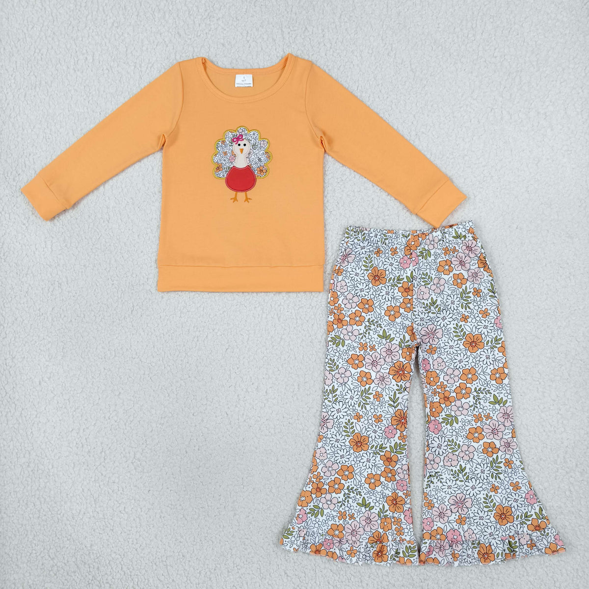 NEW RTS NO MOQ milk silk GLP3563 Embroidery Turkey Flowers Baby Girls Top Bell Bottom Pants Thanksgiving Outfit
