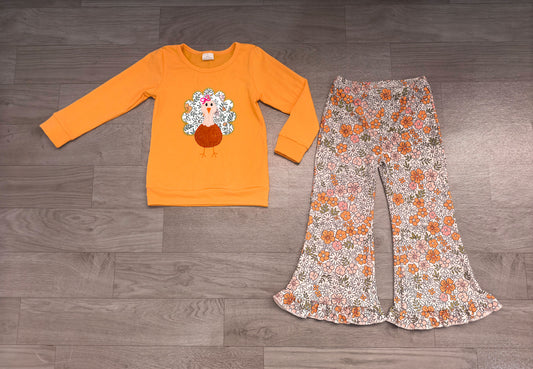 (Sample) No moq milk silk GLP3563 Embroidery Flowers Turkey Baby Girls Top Bell Bottom Pant Fall Holiday Outfit