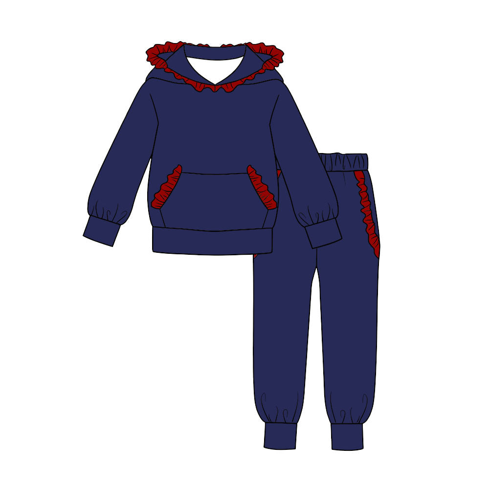 (Preorder new) No moq Baby Girls Solid Color Long Sleeve Ruffle Hoodie Pocket Top Joggers Clothes Set