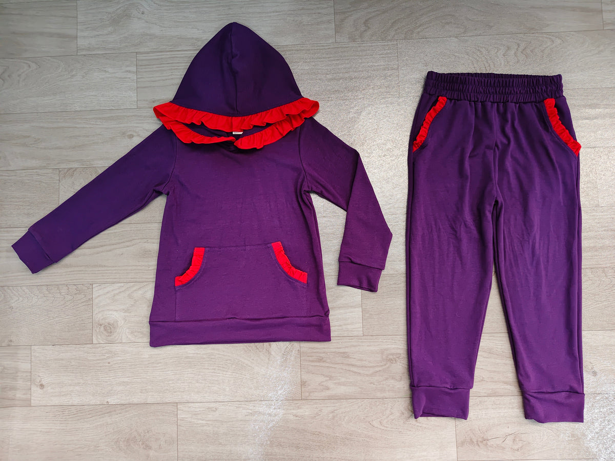 (Sample) No moq cotton GLP3564 Baby Girls Long Sleeve Ruffle Hoodie Pockets Jogger Clothes Sets