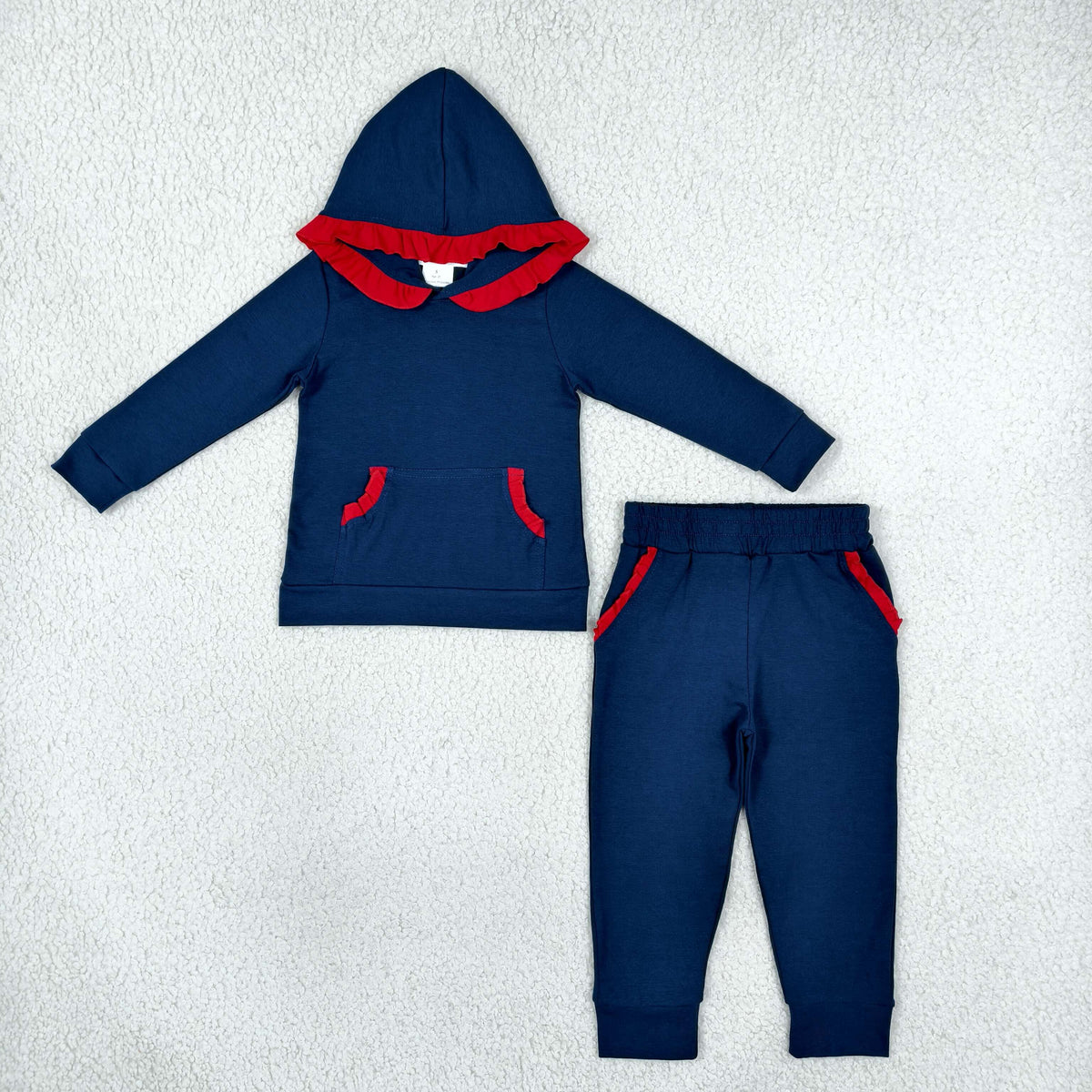 NEW RTS NO MOQ cotton GLP3564 Baby Girls Navy Blue Long Sleeve Ruffle Hoodie Pockets Jogger Sets