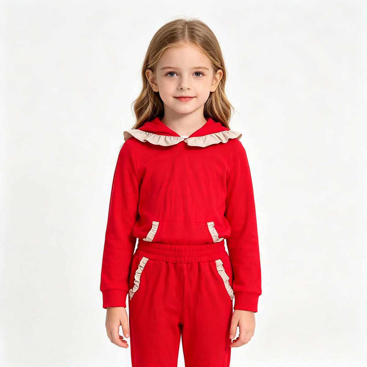 (Sample) No moq cotton GLP3565 Baby Girls Red Grey Long Sleeve Ruffle Hoodie Pockets Jogger Sets