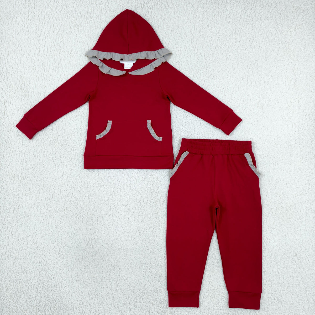 RTS NO MOQ Sibling cotton Baby Girls Solid Color Christmas Ruffle Trim Hoodie Pocket Jogger Pants Outfit Set