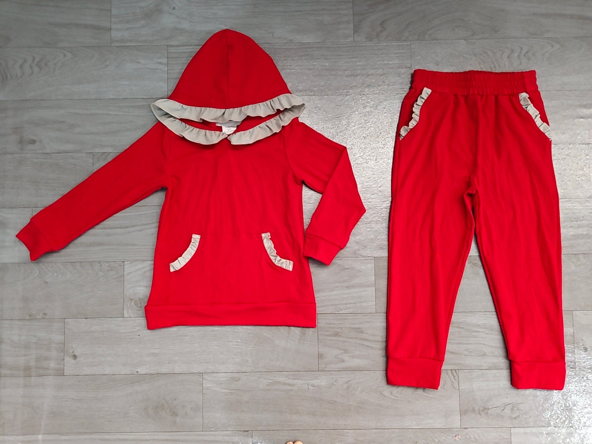 (Sample) No moq cotton GLP3565 Baby Girls Red Grey Long Sleeve Ruffle Hoodie Pockets Jogger Sets