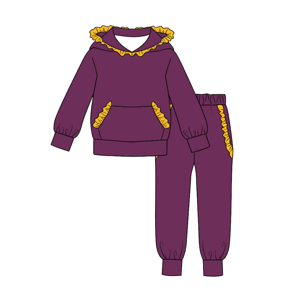(Preorder new) No moq Baby Girls Solid Color Long Sleeve Ruffle Hoodie Pocket Top Joggers Clothes Set