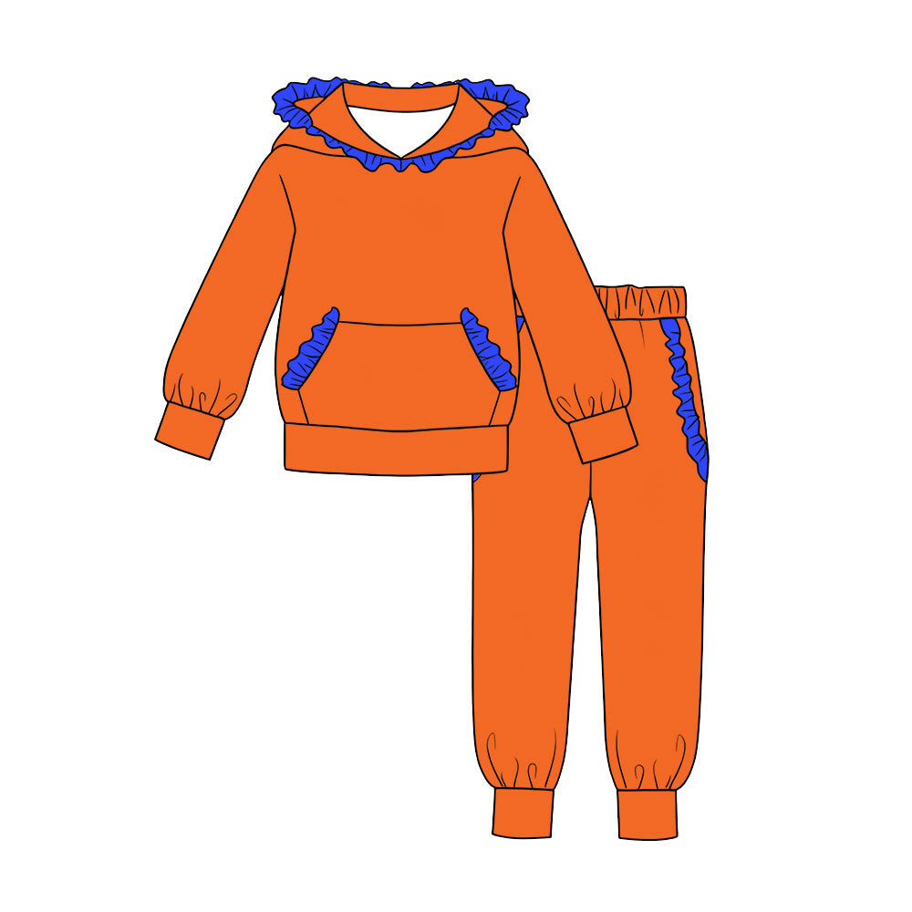 (Preorder new) No moq Baby Girls Solid Color Long Sleeve Ruffle Hoodie Pocket Top Matching Joggers Set