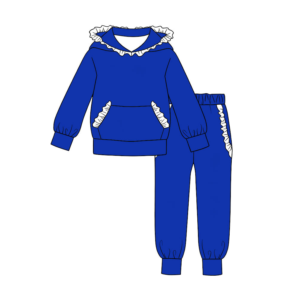 (Preorder new) No moq Baby Girls Solid Color Long Sleeve Ruffle Hoodie Pocket Top Matching Joggers Set