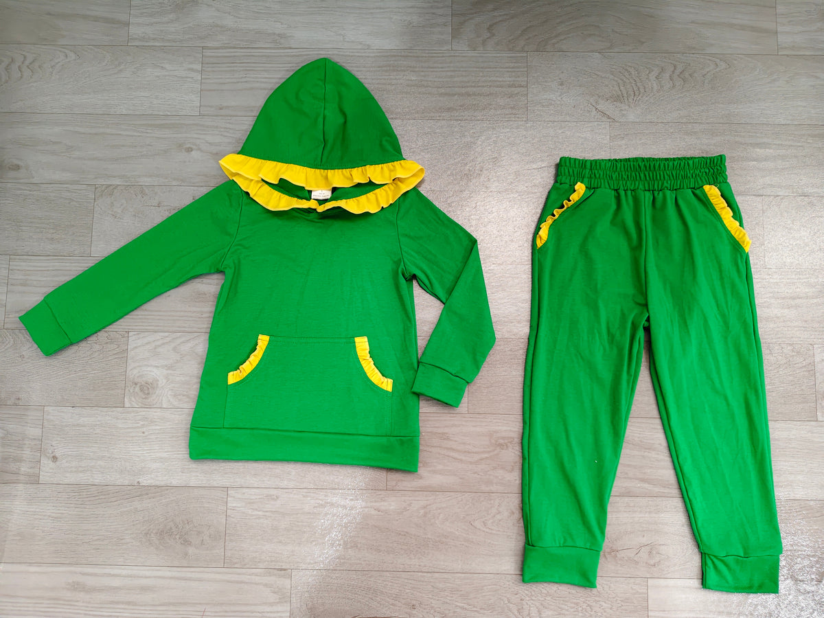 (Sample) No moq cotton GLP3569 Baby Girls Yellow Green Long Sleeve Ruffle Hoodie Pockets Jogger Sets