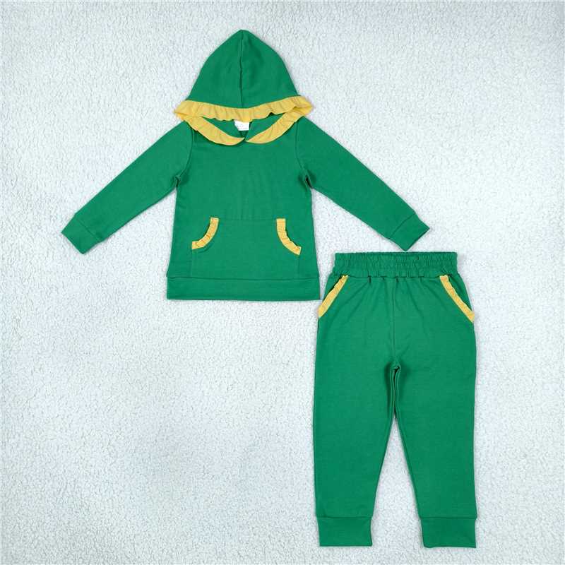 RTS NO MOQ Sibling cotton Baby Girls Solid Color Christmas Ruffle Trim Hoodie Pocket Jogger Pants Outfit Set