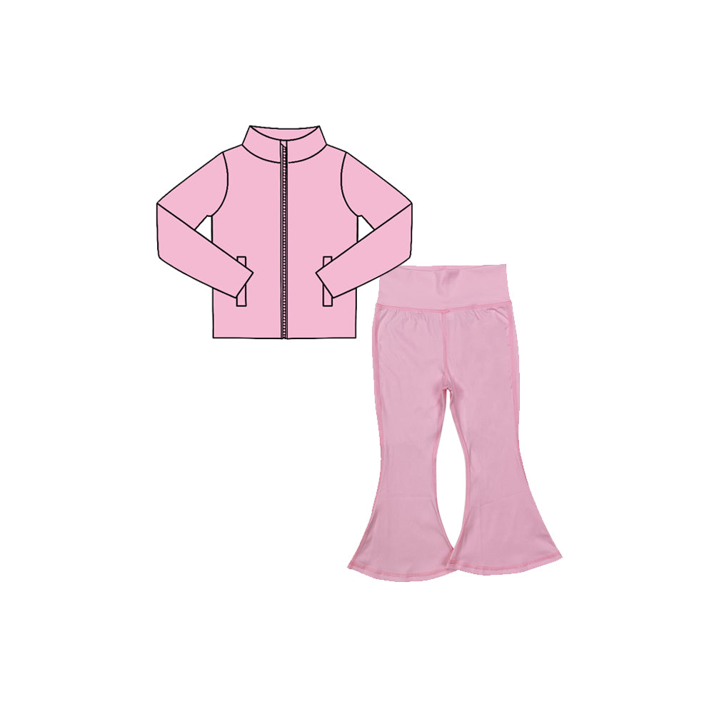(Preorder new) No moq Baby Girls Solid Color Print Zip Pocket Top Matching Leggings Yoga Active Clothes Set