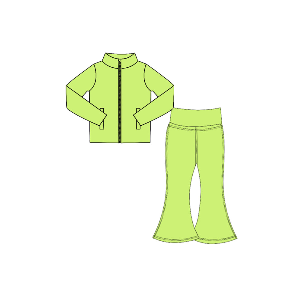 (Preorder new) No moq Baby Girls Solid Color Print Zip Pocket Top Matching Leggings Yoga Active Clothes Set