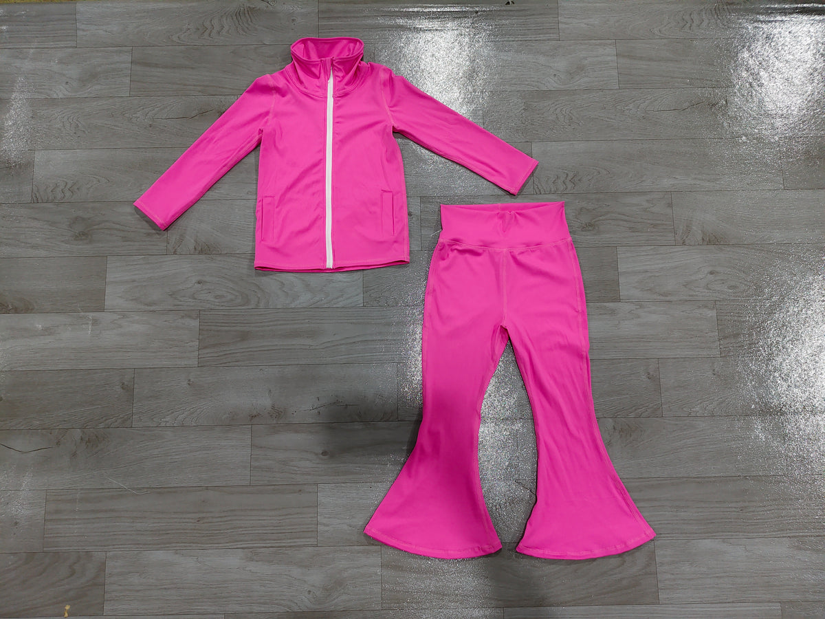 (Sample) No moq yoga fabric cotton GLP3574（GT1808+P1100） Yoga Baby Girls Hot Pink Zip Front Pockets Jacket Bell Bottom Pant Yoga Active Clothes Set
