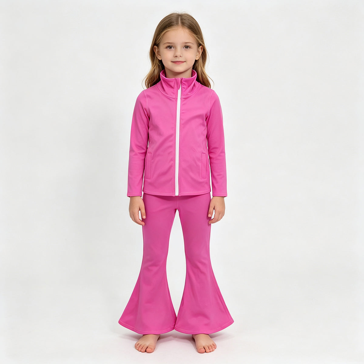(Sample) No moq yoga fabric cotton GLP3574（GT1808+P1100） Yoga Baby Girls Hot Pink Zip Front Pockets Jacket Bell Bottom Pant Yoga Active Clothes Set
