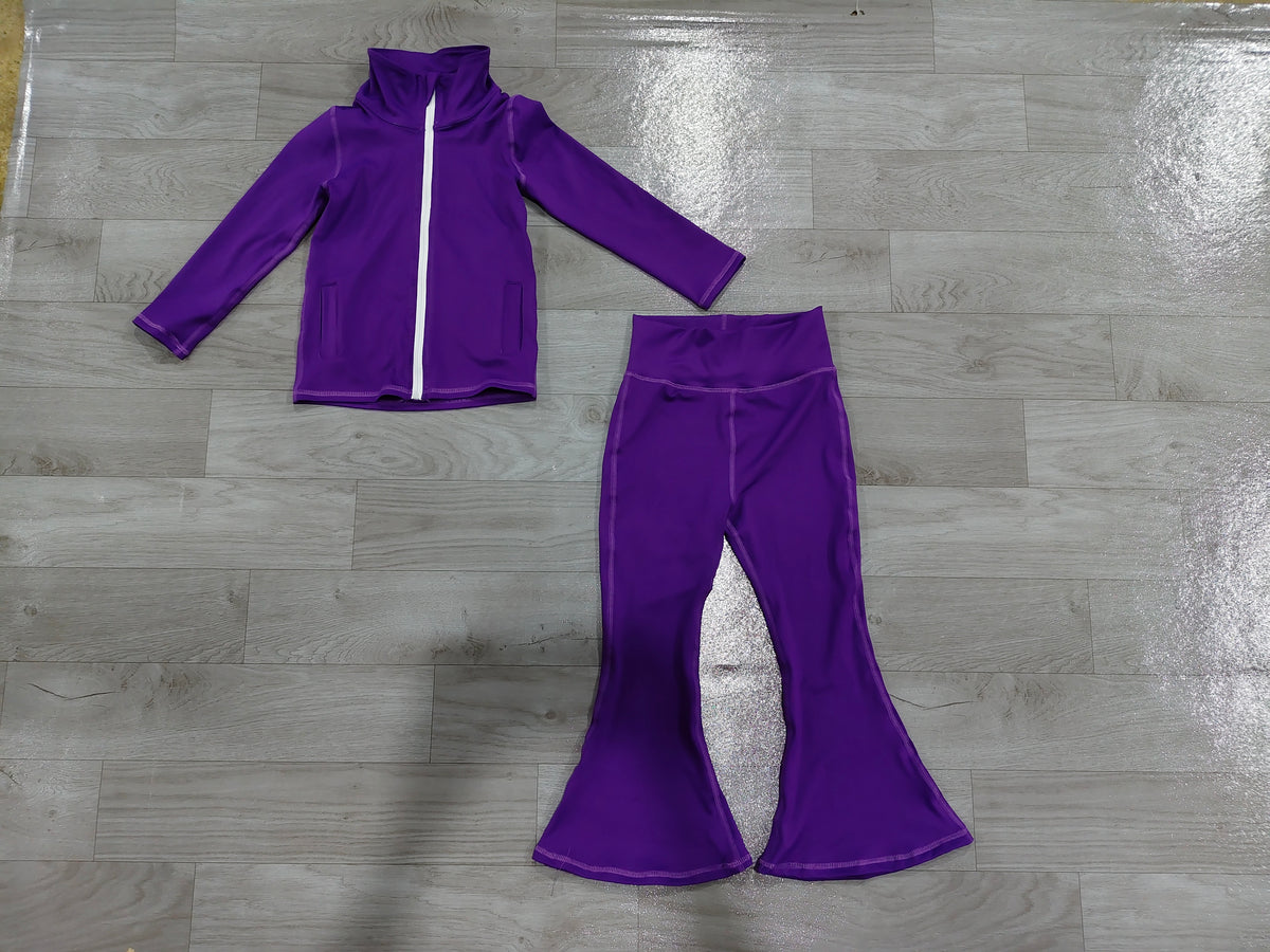 (Sample) No moq yoga fabric cotton GLP3575（GT1809+P1101）Yoga Baby Girls Zip Up Jacket Side Pockets Bell Bottom Pant Yoga Active Clothes Set