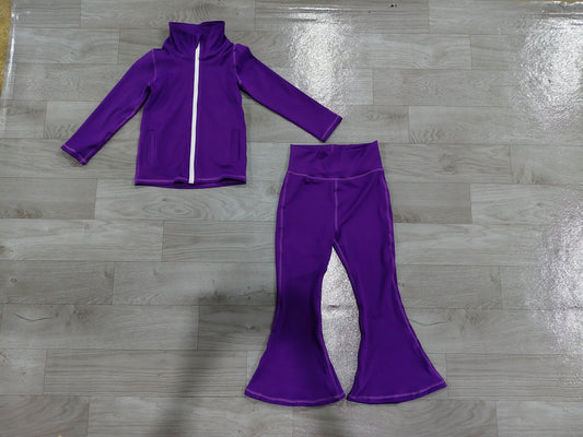 (Sample) No moq yoga fabric cotton GLP3575（GT1809+P1101）Yoga Baby Girls Zip Up Jacket Side Pockets Bell Bottom Pant Yoga Active Clothes Set