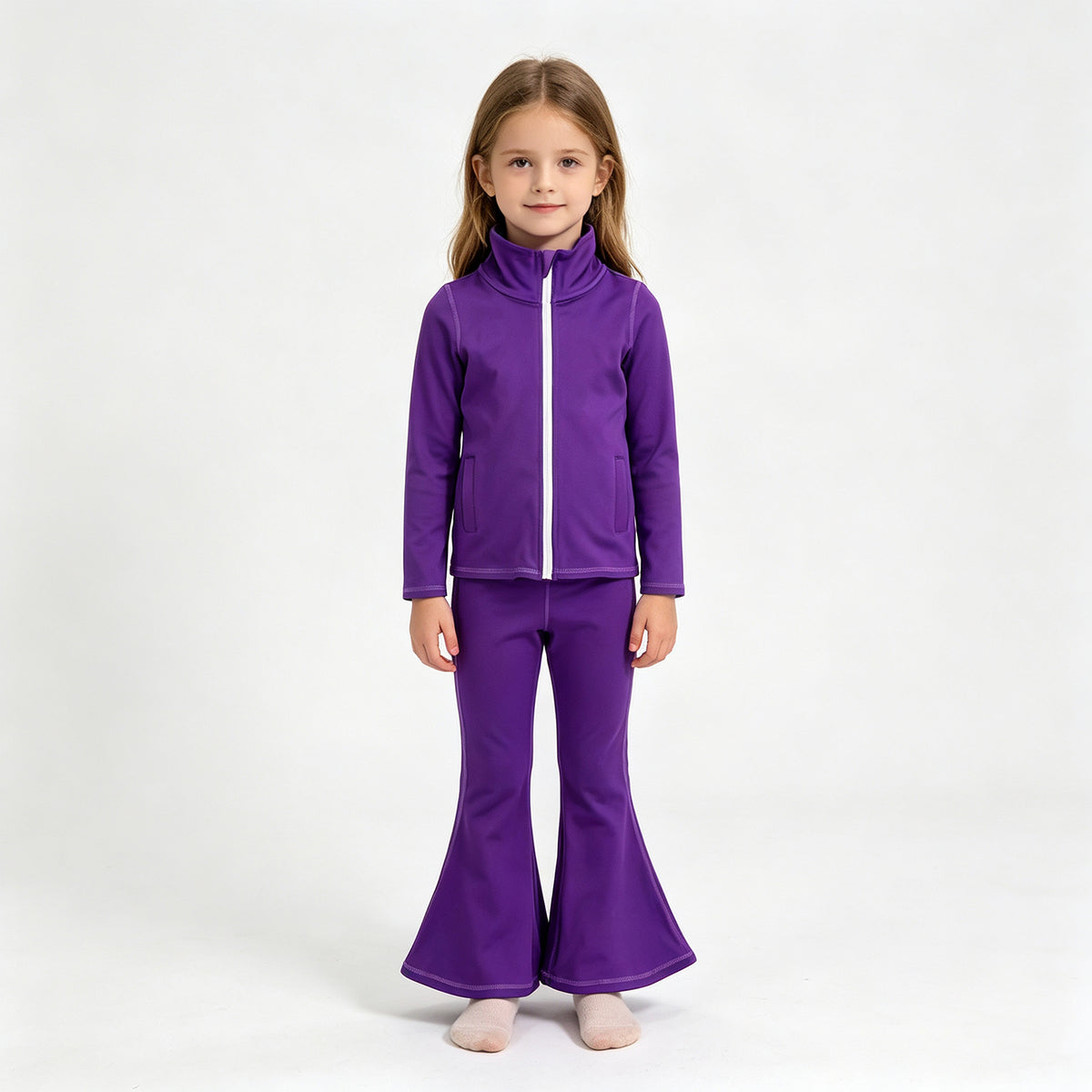 (Sample) No moq yoga fabric cotton GLP3575（GT1809+P1101）Yoga Baby Girls Zip Up Jacket Side Pockets Bell Bottom Pant Yoga Active Clothes Set