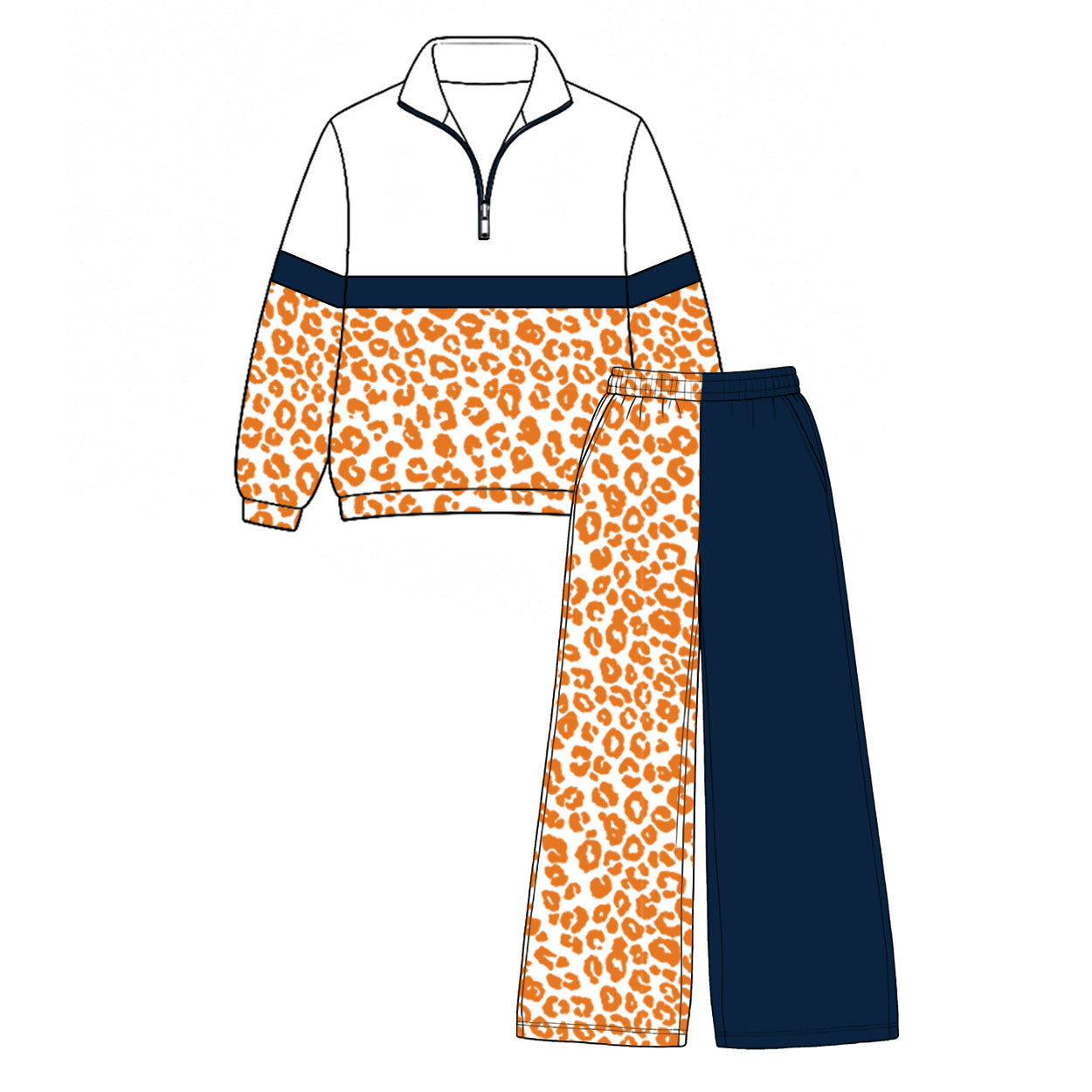 (Preorder new) No moq GLP3576 Baby Girls Color Block Orange Leopard Half Zip Collar Sweatshirt Wide Leg Pants Casual Outfit Set