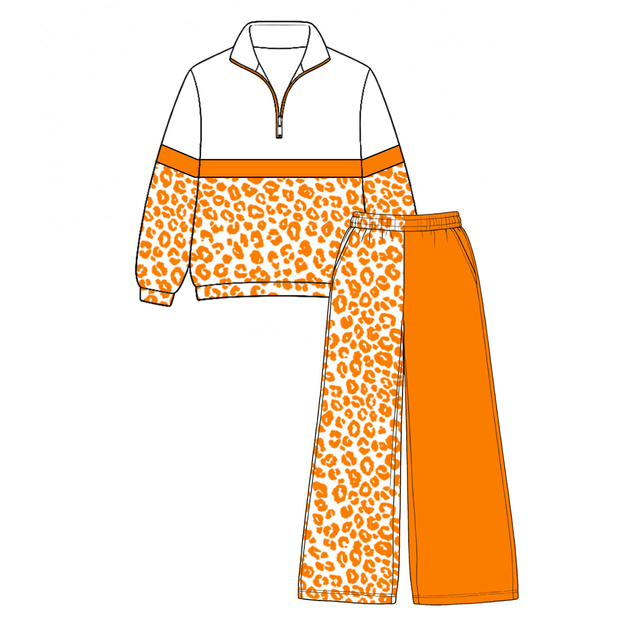 (Preorder new) No moq GLP3577 Baby Girls Color Block Orange Leopard Half Zip Collar Sweatshirt Wide Leg Pants Casual Clothes Set
