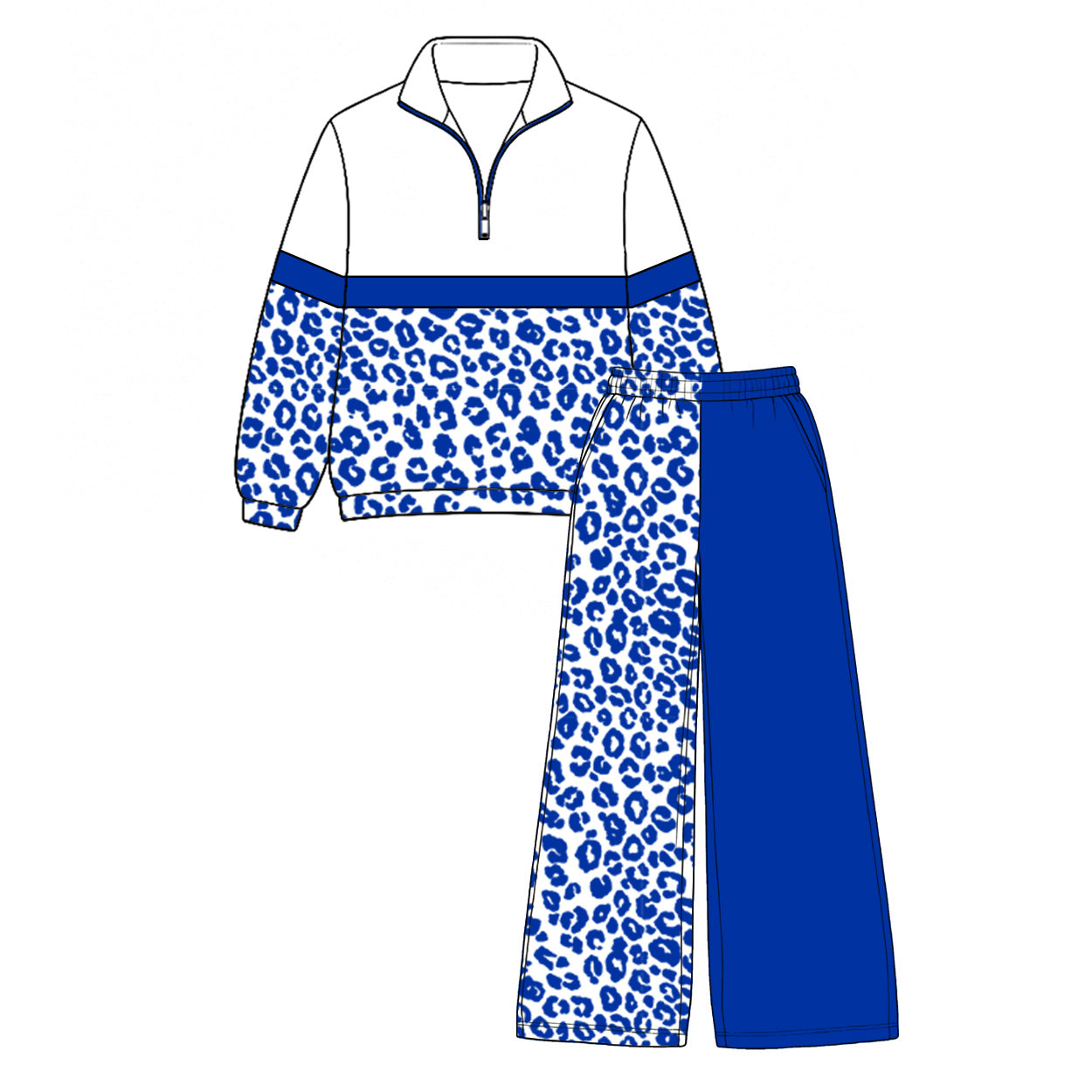 (Preorder new) No moq Baby Girls Leopard Colorblock Half Zip Top Wide Leg Pants Clothes Set