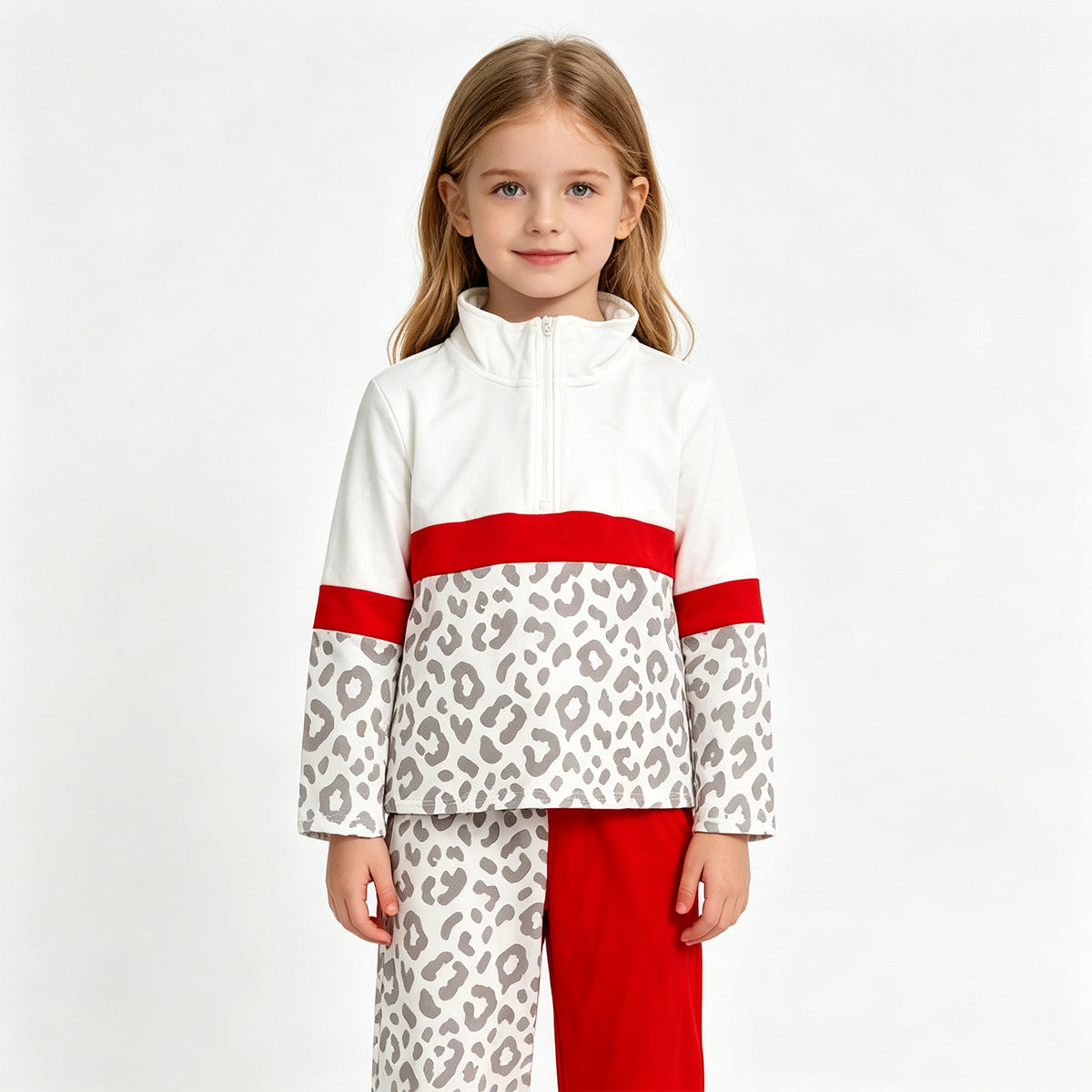(Sample) No moq milk silk GLP3579 Baby Girls Color Block Red Leopard Half Zip Collar Sweatshirt Wide Leg Pants Casual Outfit Set