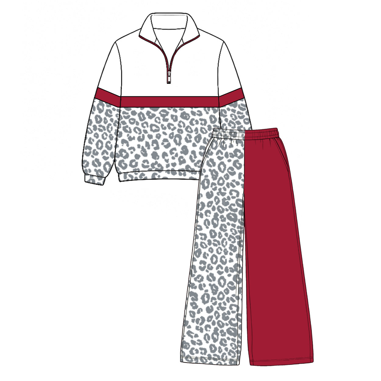 (Preorder new) No moq GLP3579 Baby Girls Color Block Red Leopard Half Zip Collar Sweatshirt Wide Leg Pants Casual Outfit Set