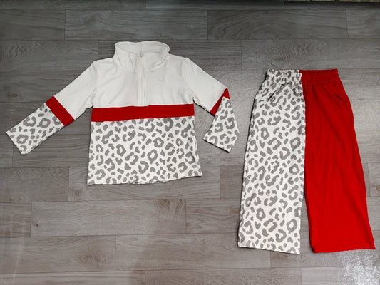 (Sample) No moq milk silk GLP3579 Baby Girls Color Block Red Leopard Half Zip Collar Sweatshirt Wide Leg Pants Casual Outfit Set