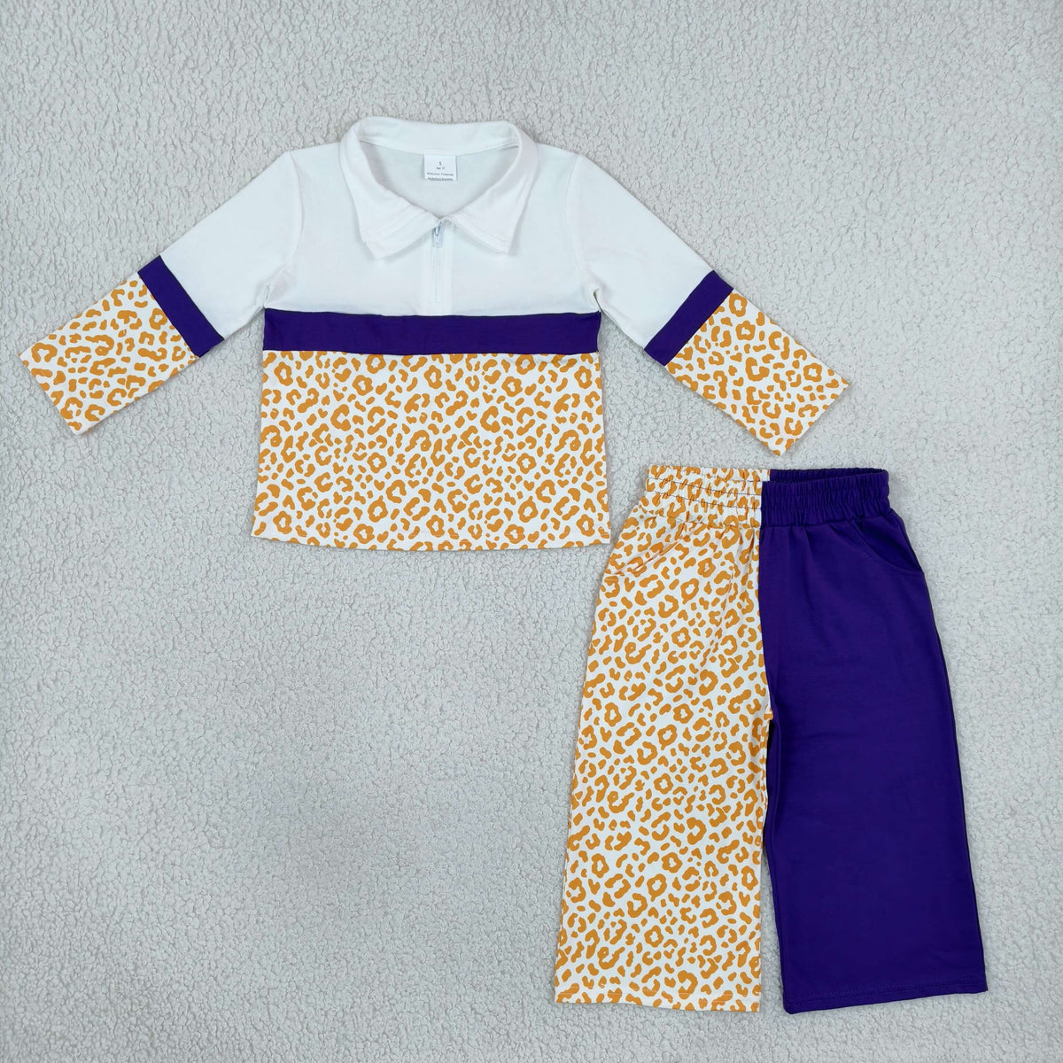 NEW RTS NO MOQ milk silk GLP3580 Baby Girls Color Block Purple Yellow Leopard Half Zip Collar Top Wide Leg Pants Casual Set