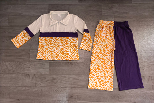 (Sample) No moq milk silk GLP3580 Baby Girls Color Block Purple Yellow Leopard Half Zip Collar Sweatshirt Wide Leg Pants Casual Outfit Set