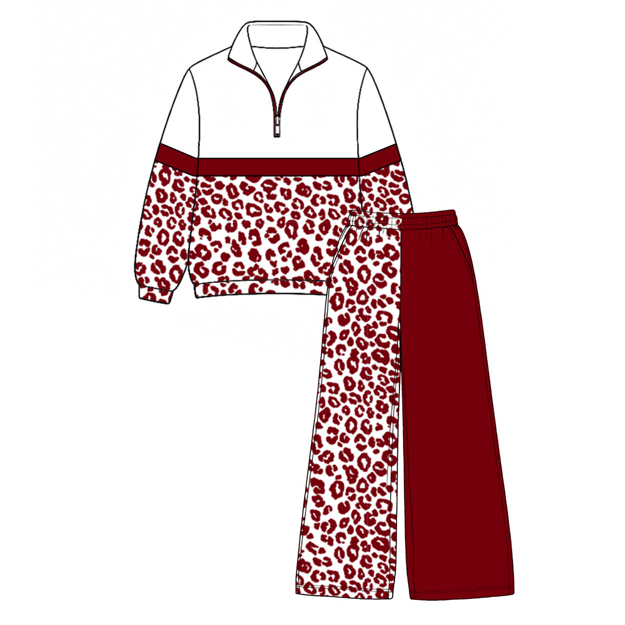 (Preorder new) No moq GLP3583 Baby Girls Color Block Maroon Leopard Half Zip Collar Sweatshirt Wide Leg Pants Casual Outfit Set