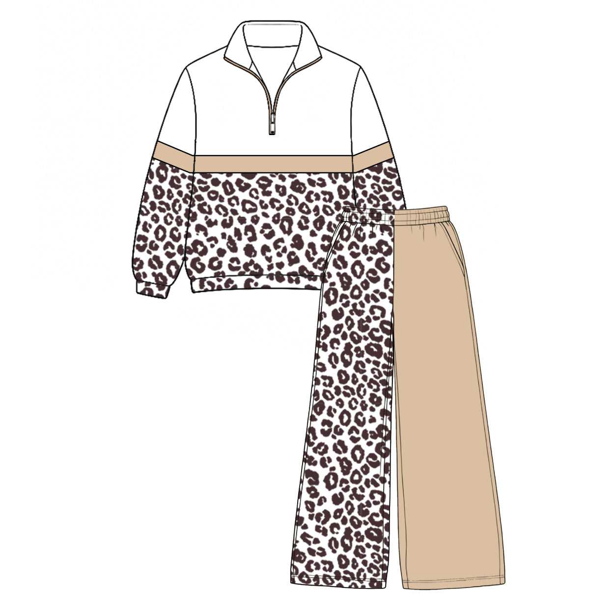 (Preorder new) No moq GLP3584 Baby Girls Color Block khaki Leopard Half Zip Collar Sweatshirt Wide Leg Pants Casual Outfit Set