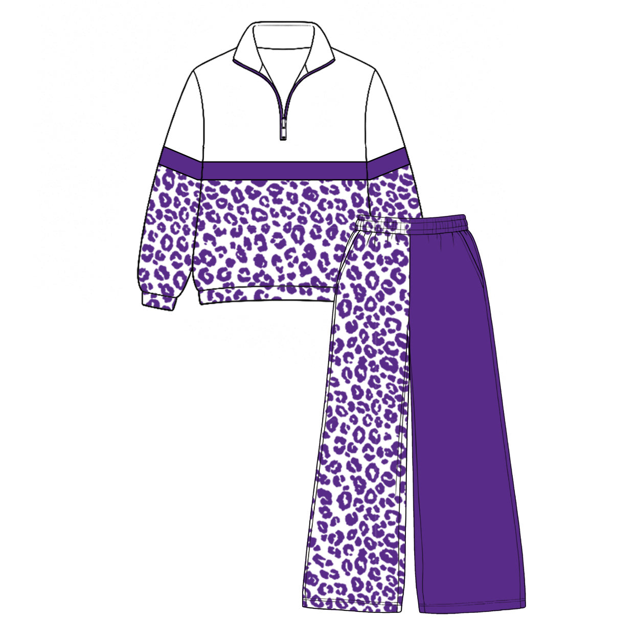 (Preorder new) No moq GLP3585 Baby Girls Color Block Purple Leopard Half Zip Collar Sweatshirt Wide Leg Pants Casual Outfit Set