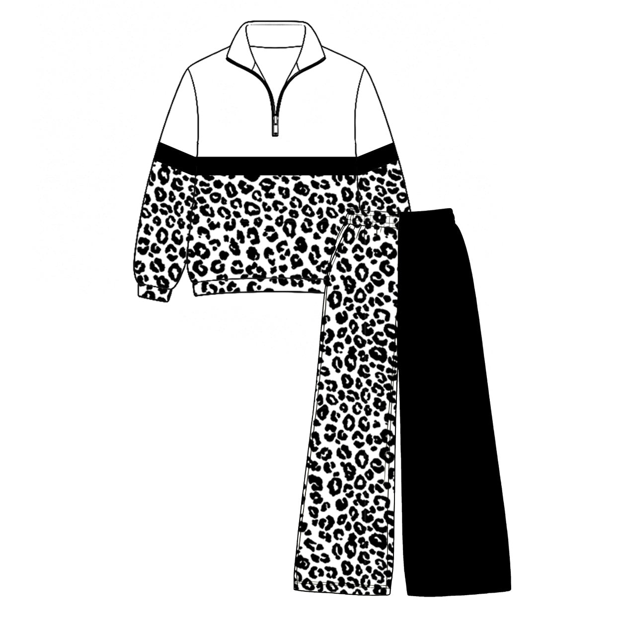 (Preorder new) No moq GLP3585 Baby Girls Color Block Black Leopard Half Zip Collar Sweatshirt Wide Leg Pants Casual Outfit Set