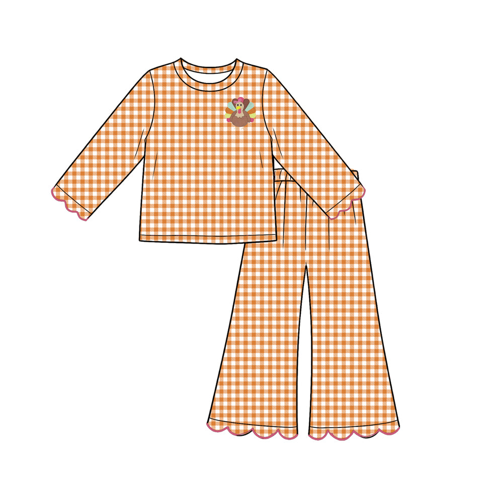 (Preorder new) No moq Baby Girls Turkey Long Sleeve Top Scalloped Flare Pants Thanksgiving Outfit Clothes Set
