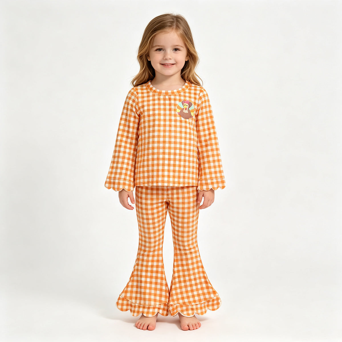 (Sample) No moq milk silk GLP3588 Embroidery Turkey Baby Girls Orange Checked Top Scallop Pant Thanksgivings Clothes Set