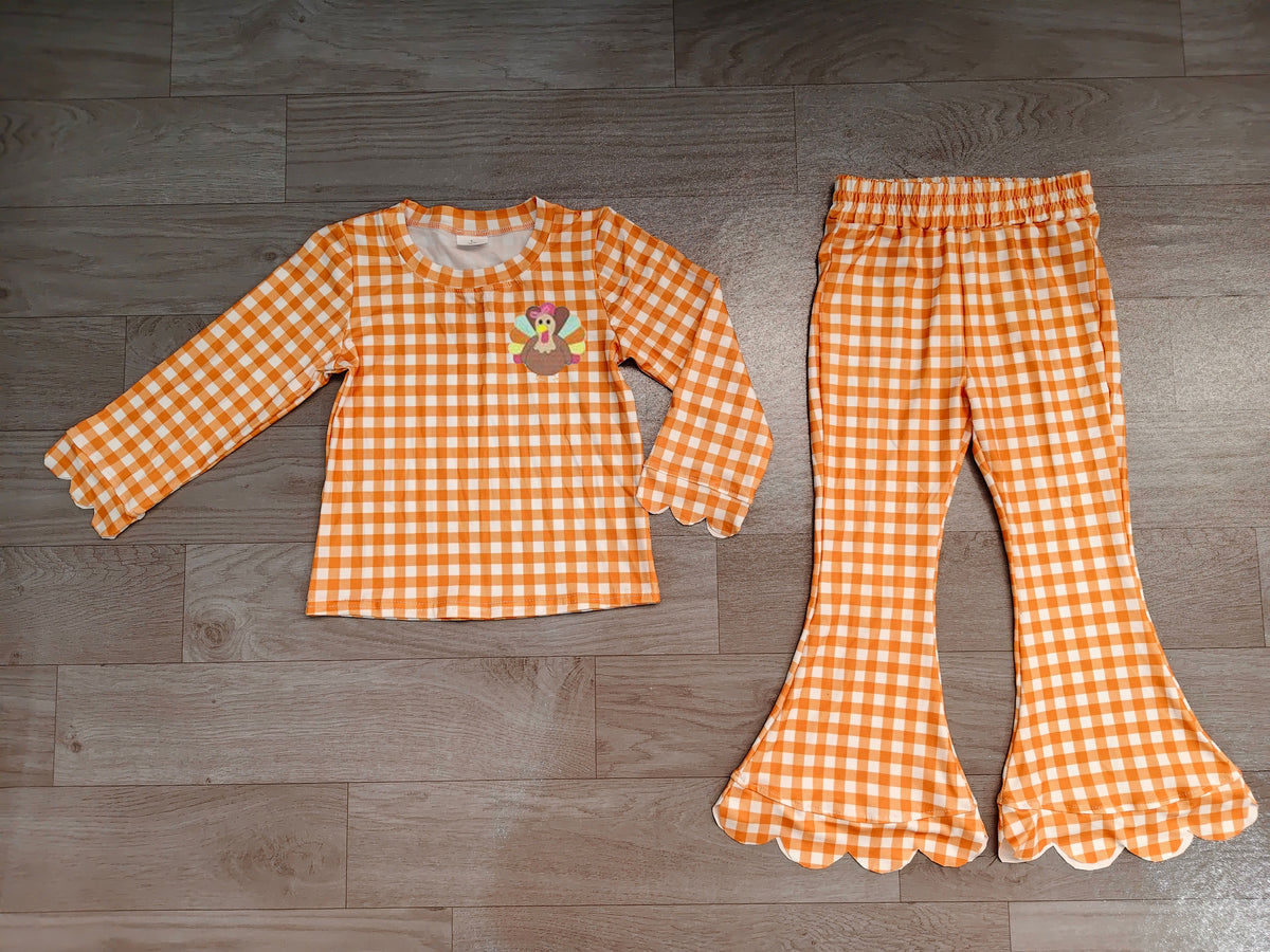 (Sample) No moq milk silk GLP3588 Embroidery Turkey Baby Girls Orange Checked Top Scallop Pant Thanksgivings Clothes Set