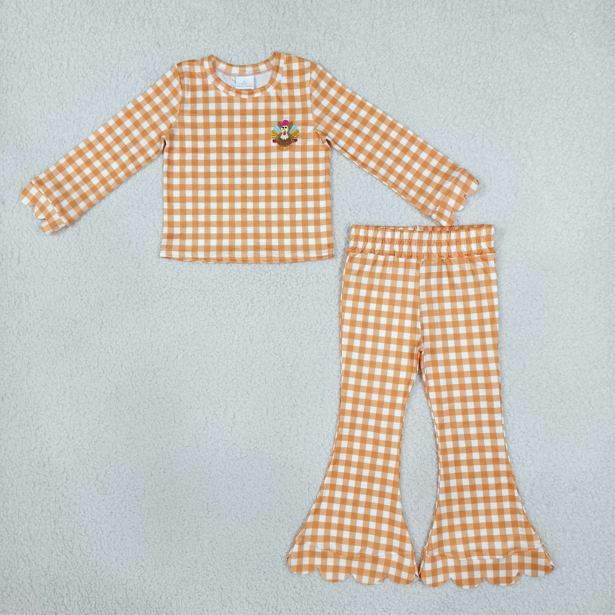 NEW RTS NO MOQ milk silk GLP3588 Embroidery Baby Girls Orange Checked Top With Embroidery Turkey Scallop Pant Thanksgiving Outfit
