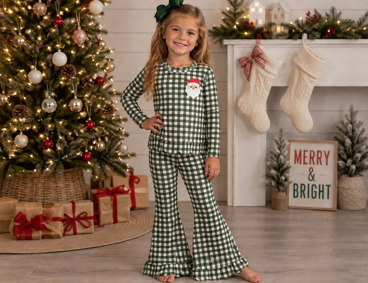 (Sample) No moq milk silk GLP3589 Embroidery Baby Girls Green Checked Turkey Top Scallop Pant Christmas Clothes Set