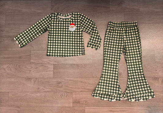 (Sample) No moq milk silk GLP3589 Embroidery Baby Girls Green Checked Turkey Top Scallop Pant Christmas Clothes Set
