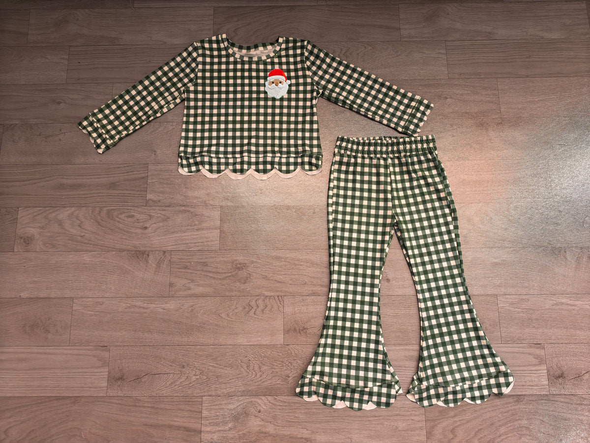 (Sample) No moq milk silk GLP3589 Embroidery Baby Girls Green Checked Turkey Top Scallop Pant Christmas Clothes Set