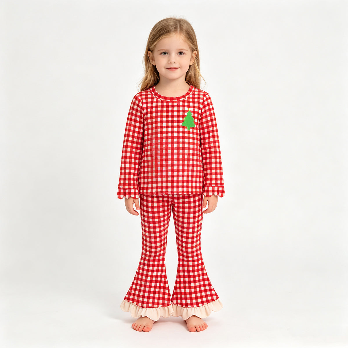 (Sample) No moq milk silk GLP3590 Embroidery Trees Baby Girls Red Checked Top Scallop Pant Christmas Clothes Set