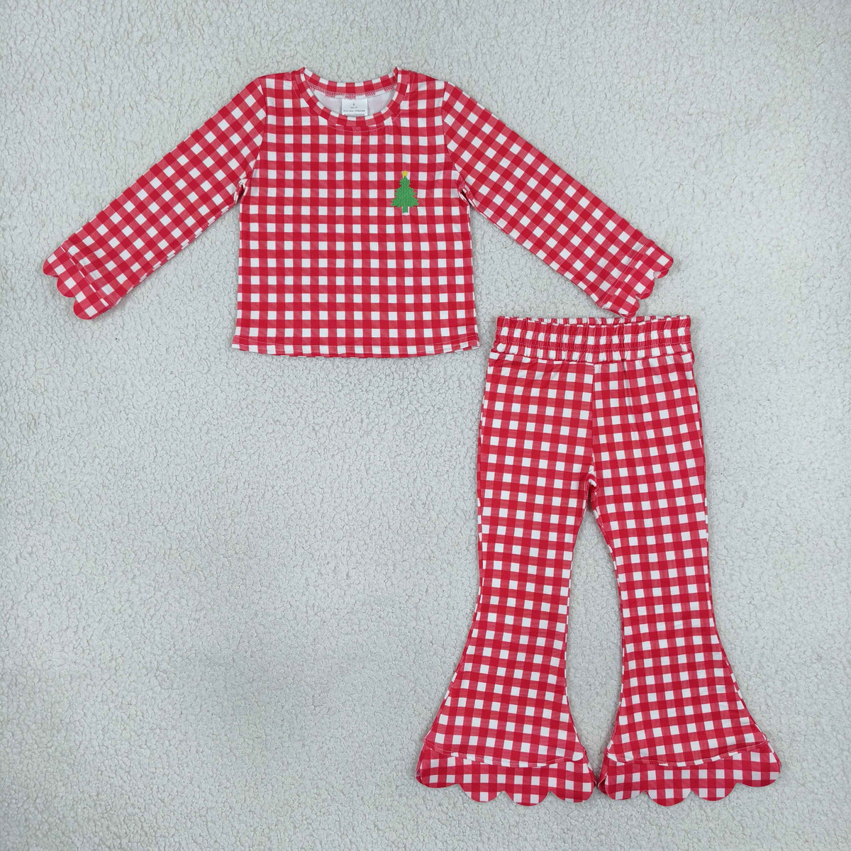 RTS NO MOQ Sibling milk silk Baby Girls Gingham Holiday Embroidered Long Sleeve Top Scallop Bell Bottom Pants Set