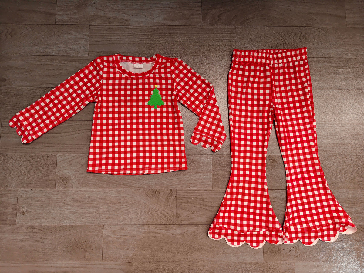 (Sample) No moq milk silk GLP3590 Embroidery Trees Baby Girls Red Checked Top Scallop Pant Christmas Clothes Set