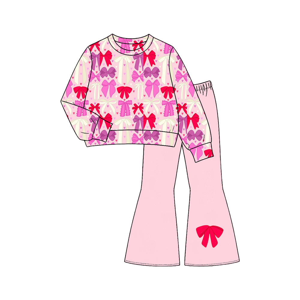 (Preorder new) no moq GLP3591 Baby Girls Pink Bows Hearts Top Flare Pant Valentines Clothes Sets