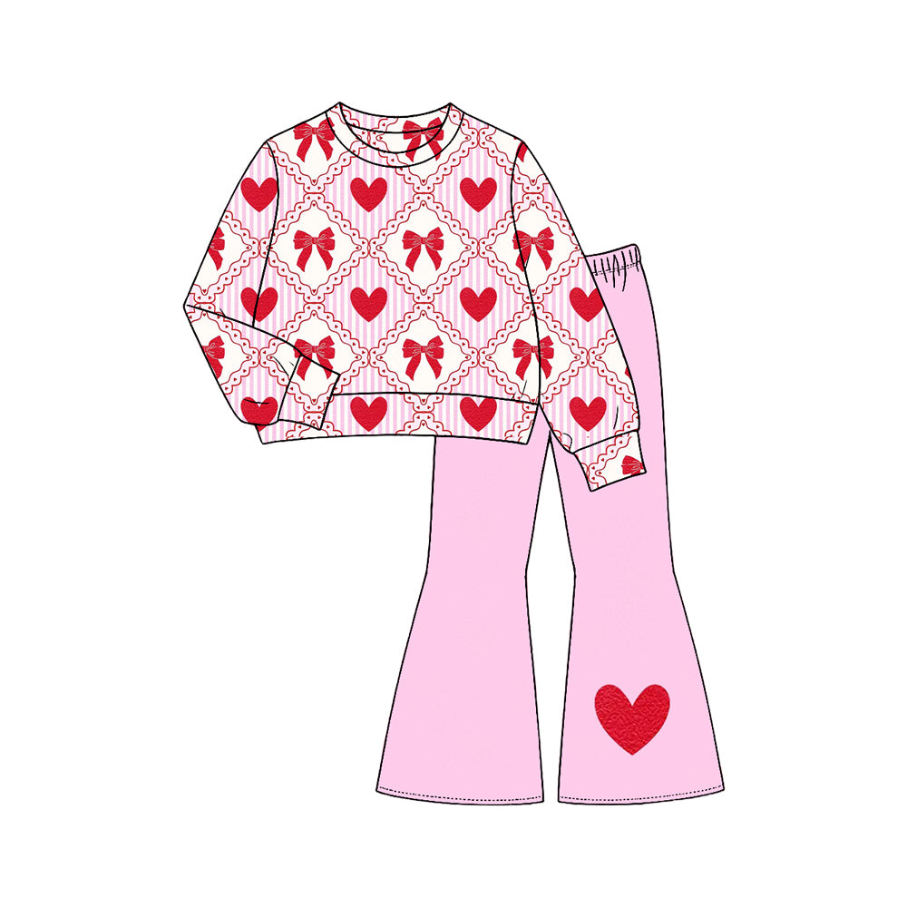 (Preorder new) no moq GLP3592 Baby Girls Bows Hearts Checked Top Flare Pant Valentines Clothes Sets