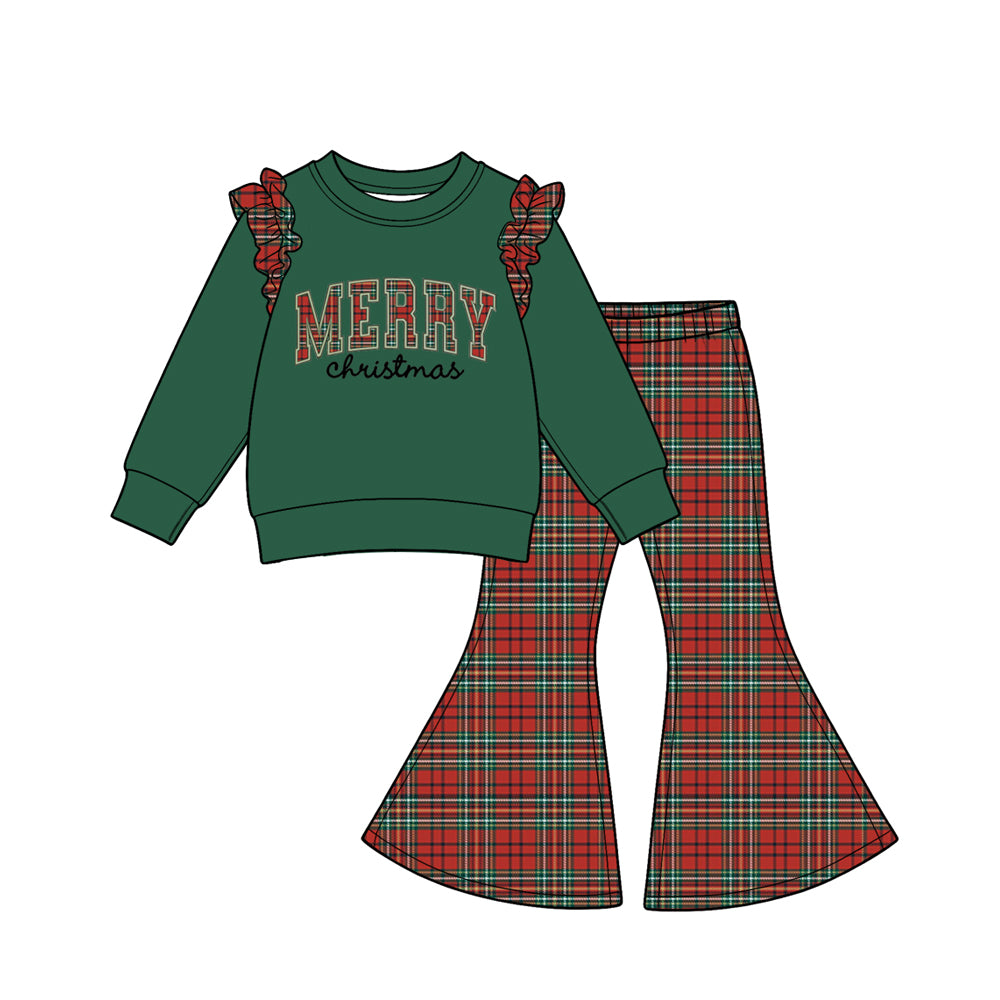 (Preorder new) No moq Baby Merry Christmas Letter Print Kids Outfit Dark Green Top Red Plaid Pants Matching Zipper Romper