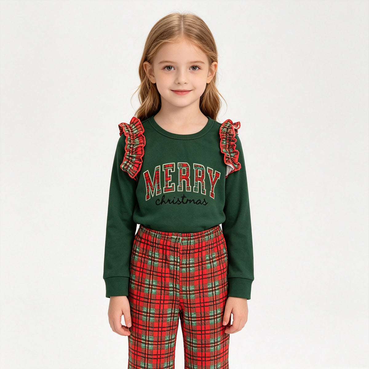 (Sample) No moq milk silk GLP3595 Embroidery Baby Girls Green Red Checked Top Flare Pant Outfit