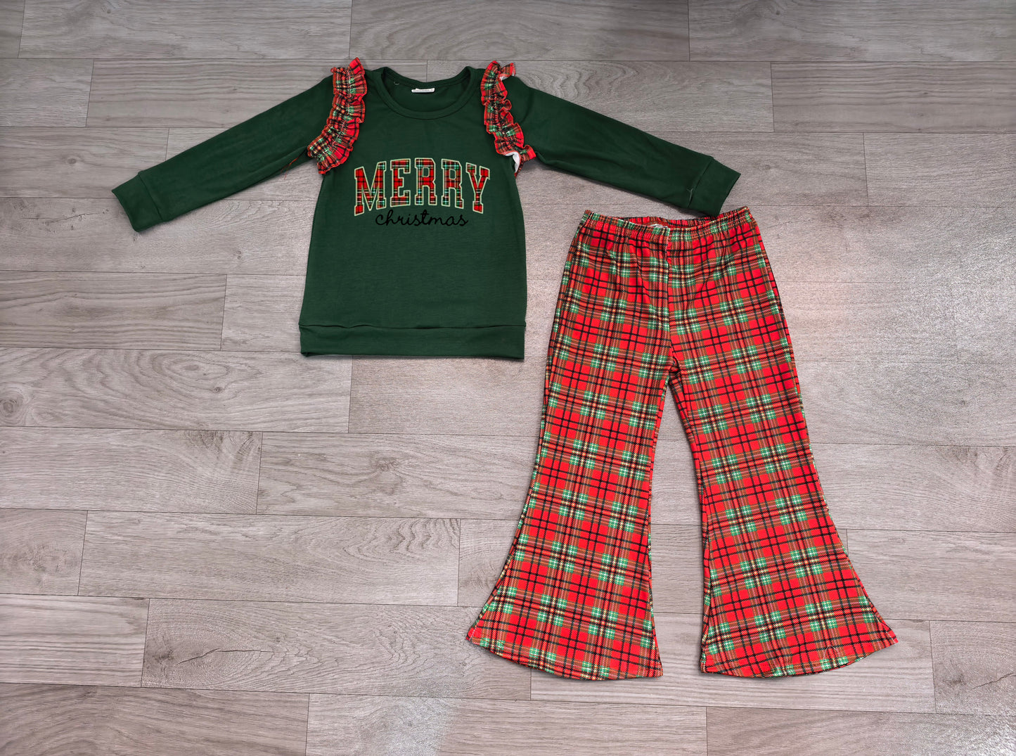 (Sample) No moq milk silk GLP3595 Embroidery Baby Girls Green Red Checked Top Flare Pant Outfit