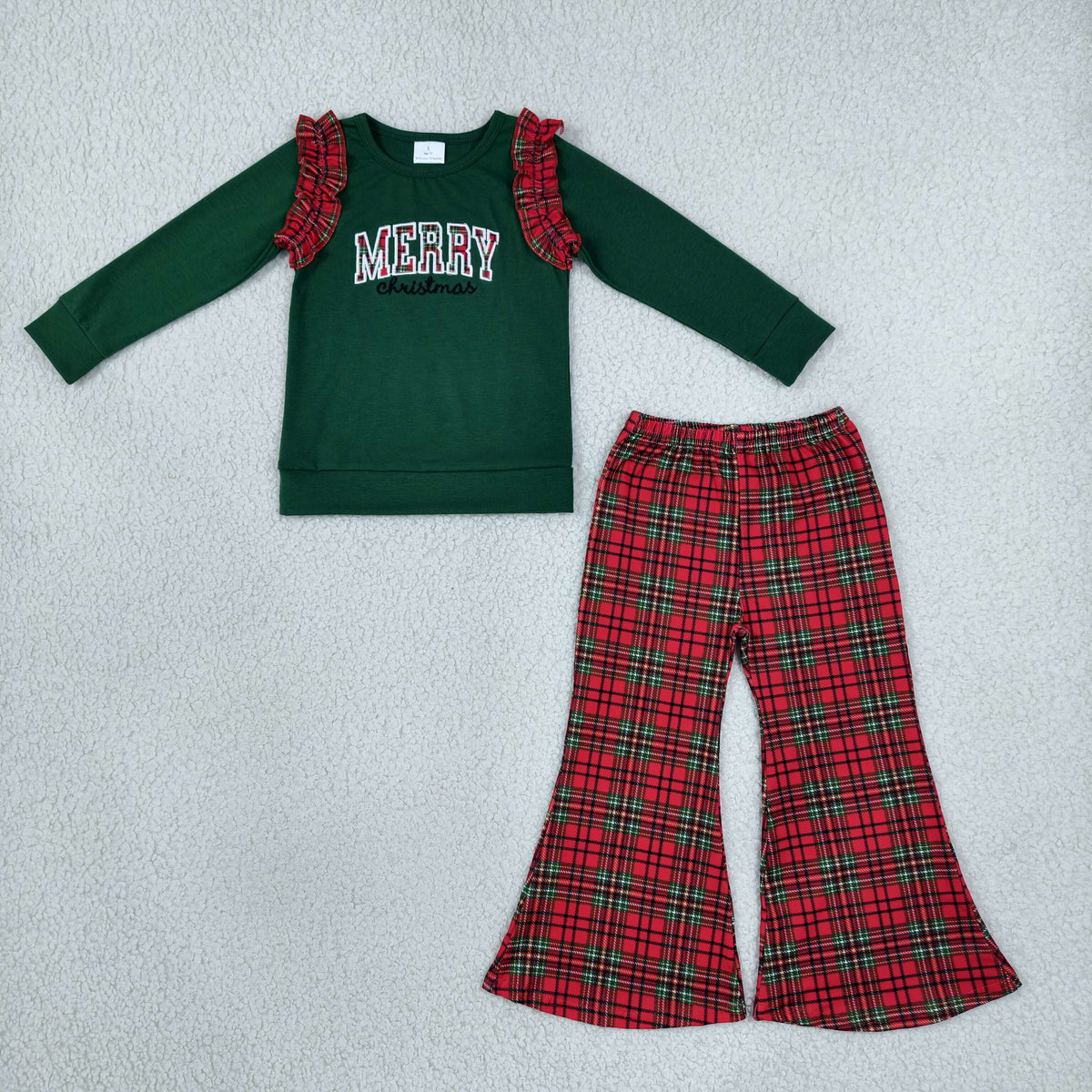 NEW RTS NO MOQ milk silk GLP3595 Embroidery Baby Girls Green Red Checked Top Flare Pant Outfit