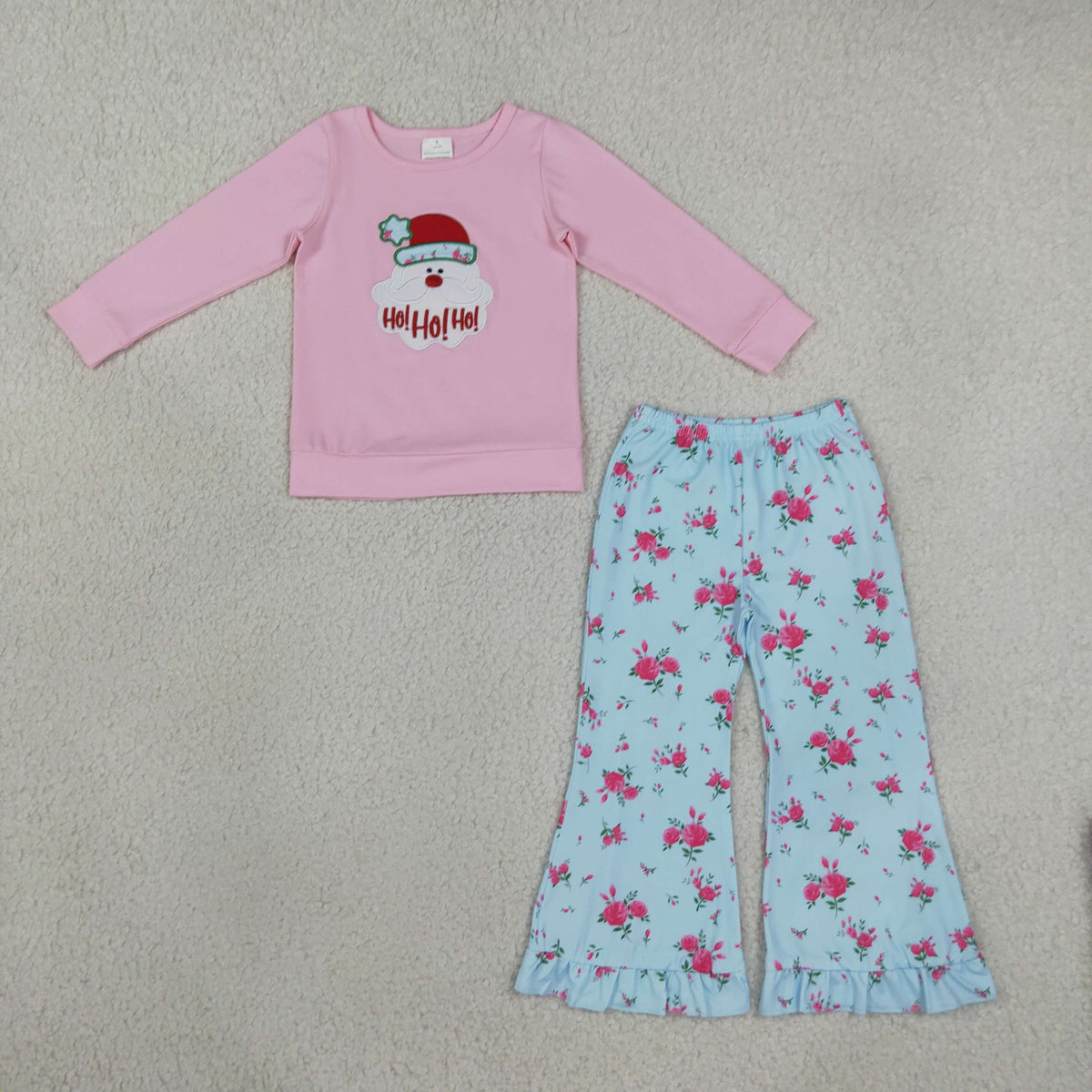 RTS NO MOQ Sibling milk silk Baby Girls Pink Santa Christmas Long-Sleeved Top And Blue Floral Ruffle Flare Pants Outfit Romper